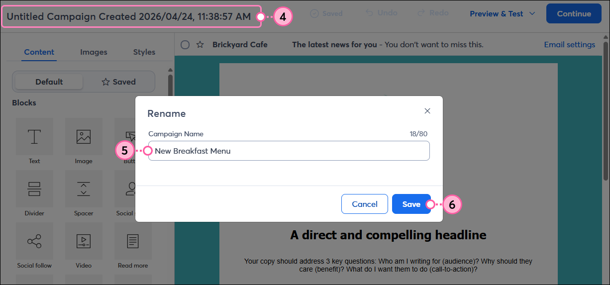 Email editor with Campaign name field, Rename overlay with Campaign Name field and Save button