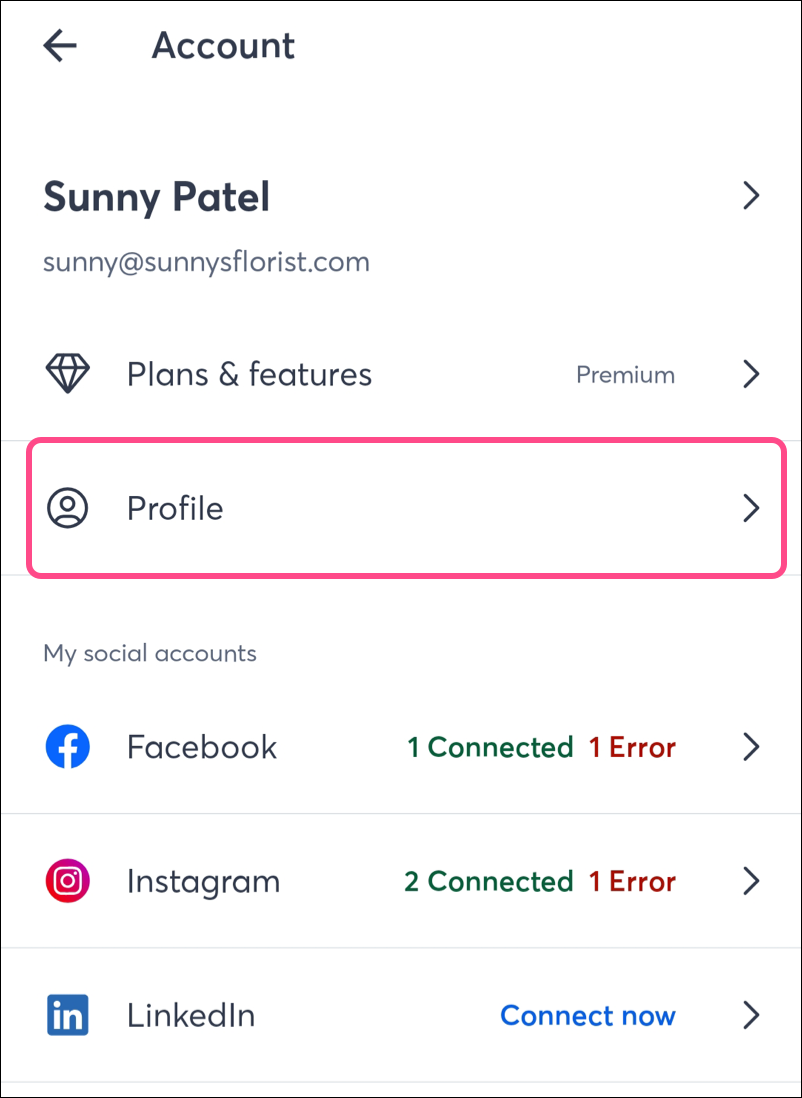 Profile button in the account page