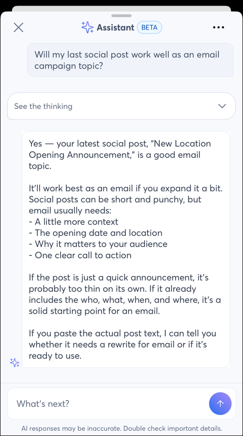 AI Assistant pop-up with advise on the last social post and it's validity as an email campaign