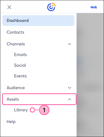 Constant Contact on mobile web browser, menu expanded, Assets section expanded, and Library option selected
