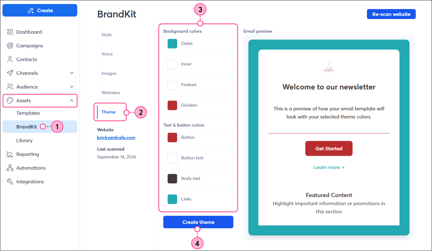 Left navigation with Assets section expanded and BrandKit option selected, BrandKit page with Theme tab selected, template element color swatches and email preview, and Create Theme button