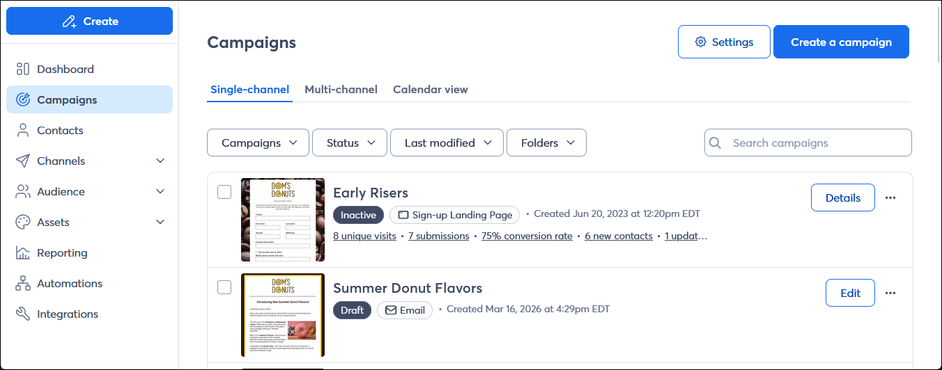 Left-hand menu with Campaigns option selected and Campaigns page with Single-channel tab, Multi-channel tab, Calendar view tab, Settings button, and Create a campaign button