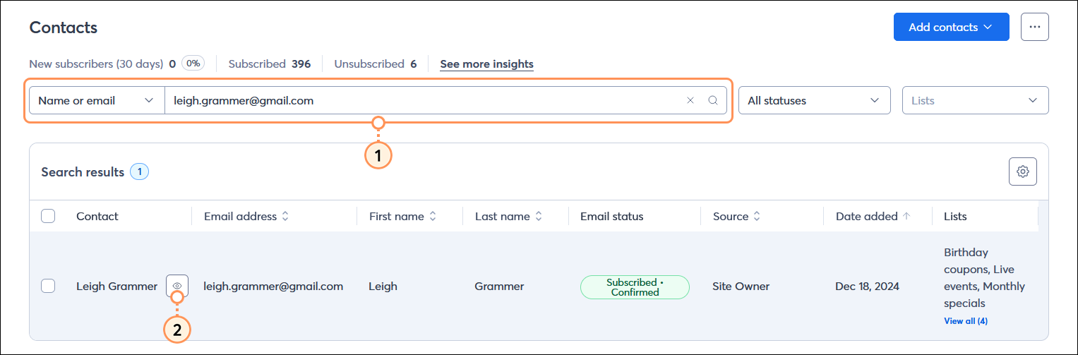Contacts page with All contacts table and Search field, search results with contact and Preview button displayed