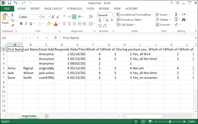 Example spreadsheet of all survey results exported with condensed columns