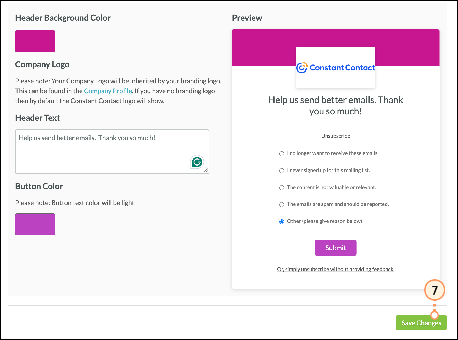 Green Save Changes at the bottom of the Unsubscribe Page settings