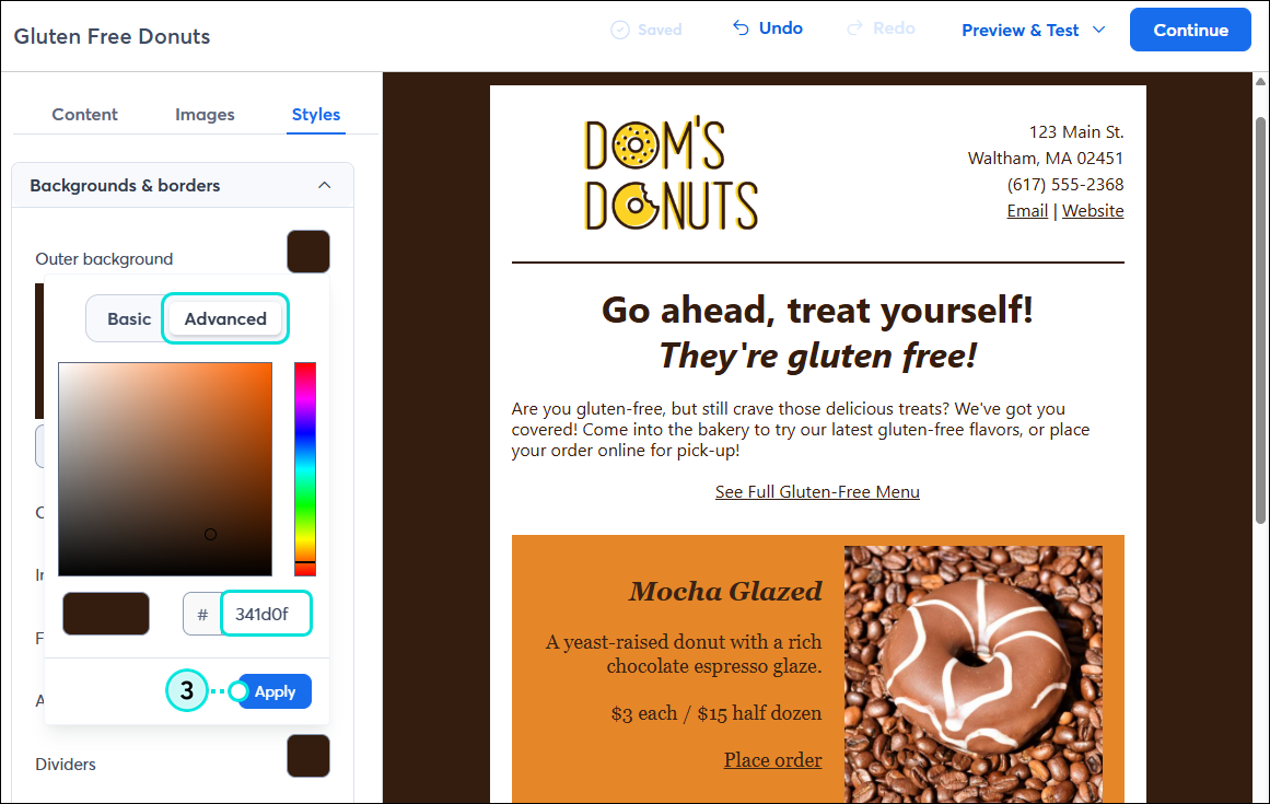 Email Styles tab, Backgrounds and Borders menu expanded, Advanced color palette options and Apply button