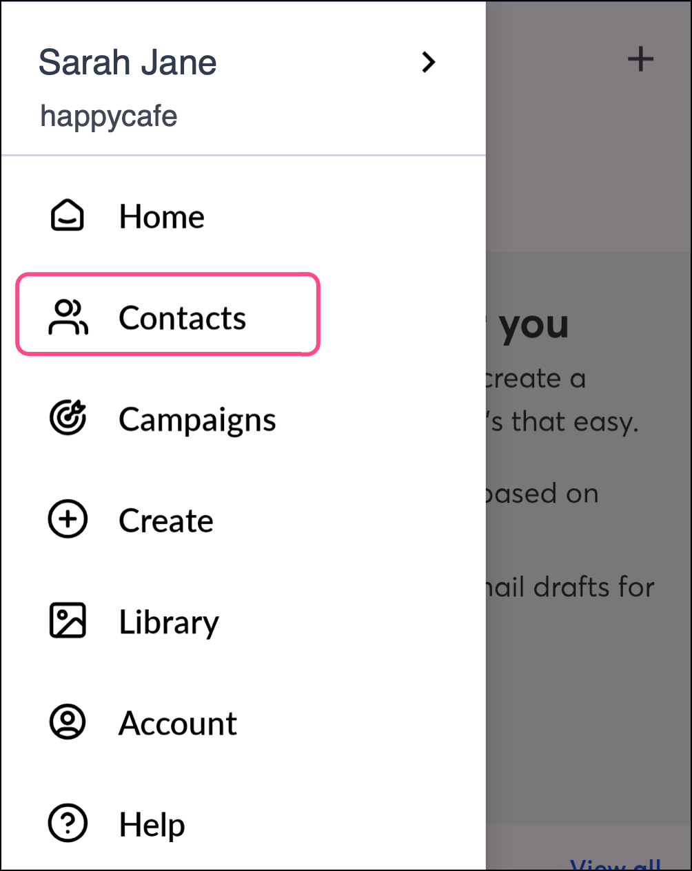 Contacts in the left sided navigation menu