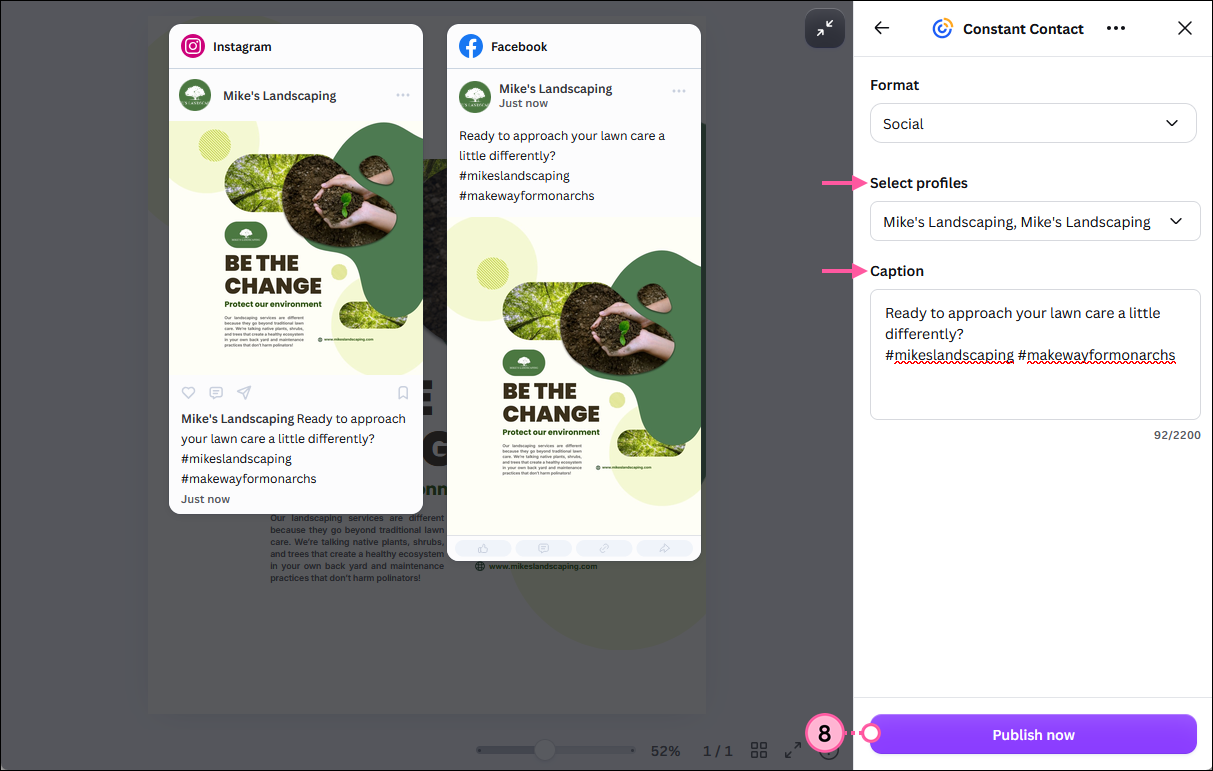 Canva social post with Constant Contact panel expanded with Format section and Social option pre-selected, Select profiles section with Facebook and Instagram profiles selected and post previews displayed, Caption section with text entered, and Publish now button
