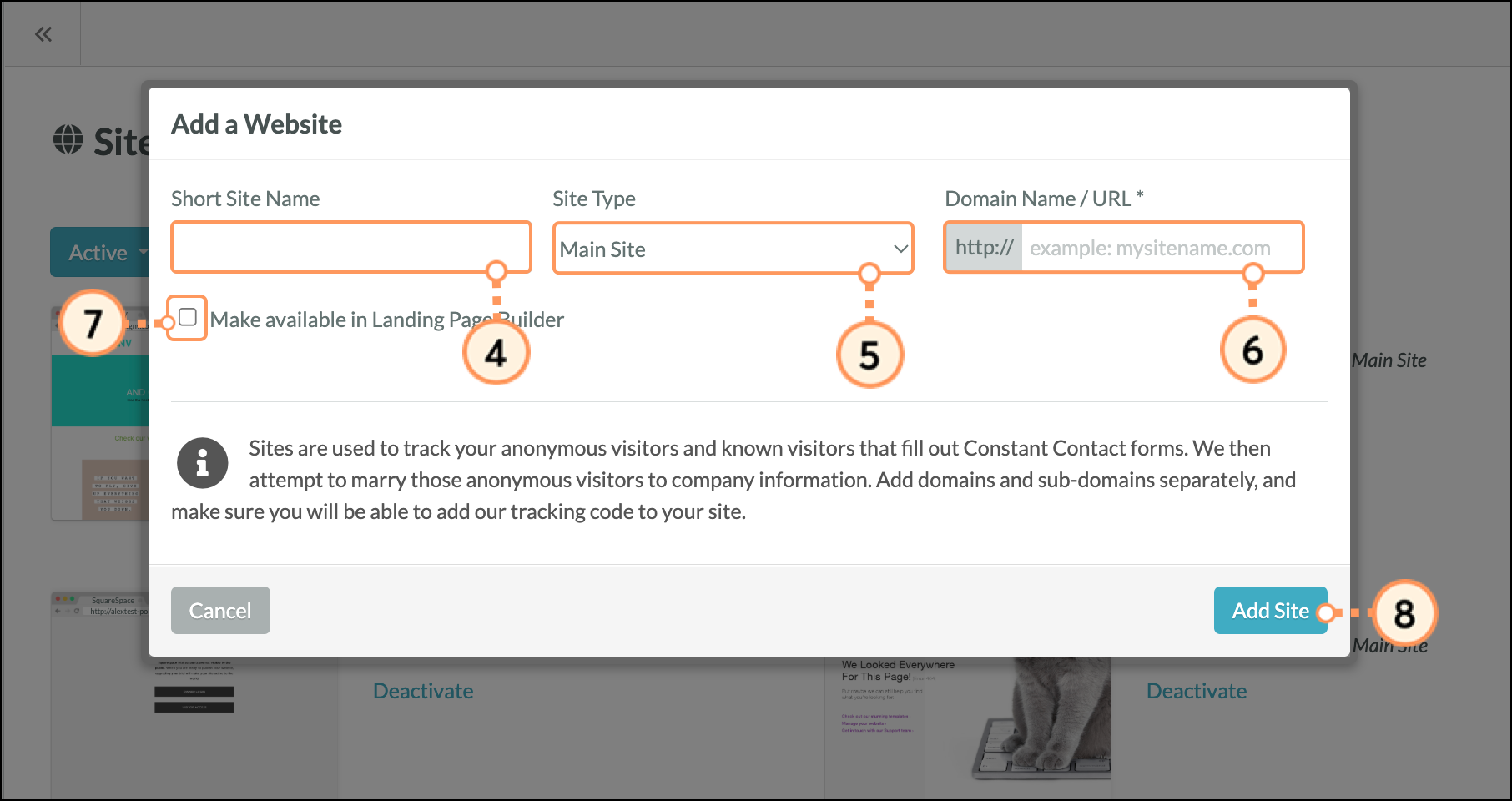 Add a website popup form with blue Add Site button