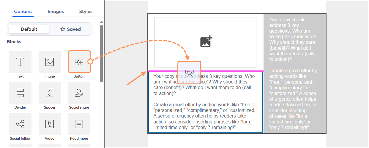 Content tab with Button block being inserted into pre-built Right Column Sidebar layout