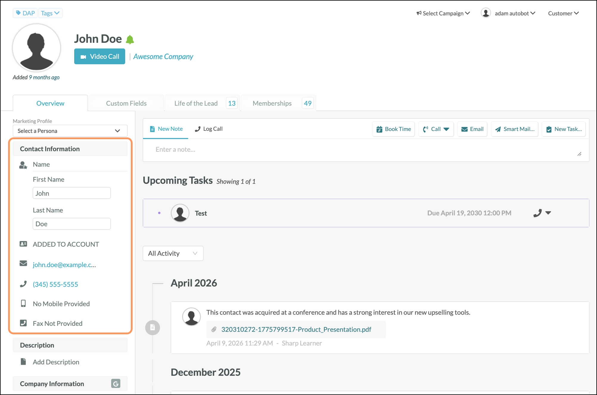 Contact record with Contact Information highlighted and name field editing in progress Contact record with Contact Information highlighted and name field editing in progress