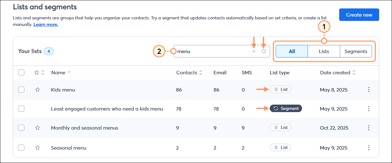 Lists and segments page with list type options and All option selected, and Search field with search term and delete option
