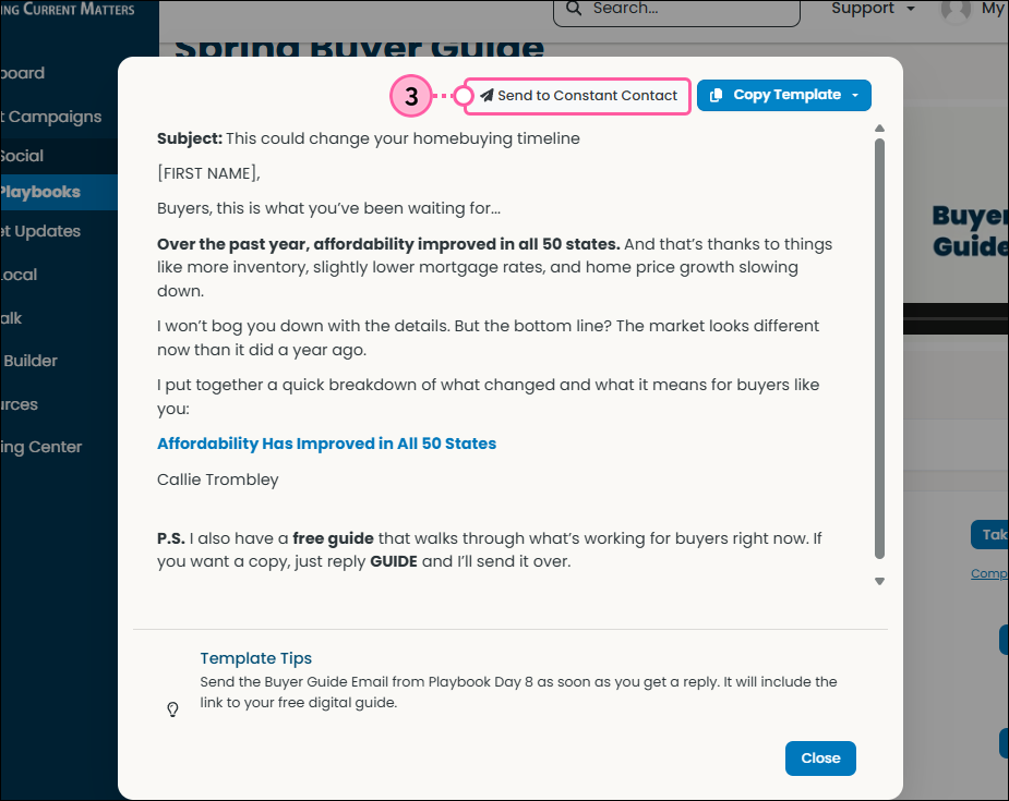 Send playbook email to Constant Contact
