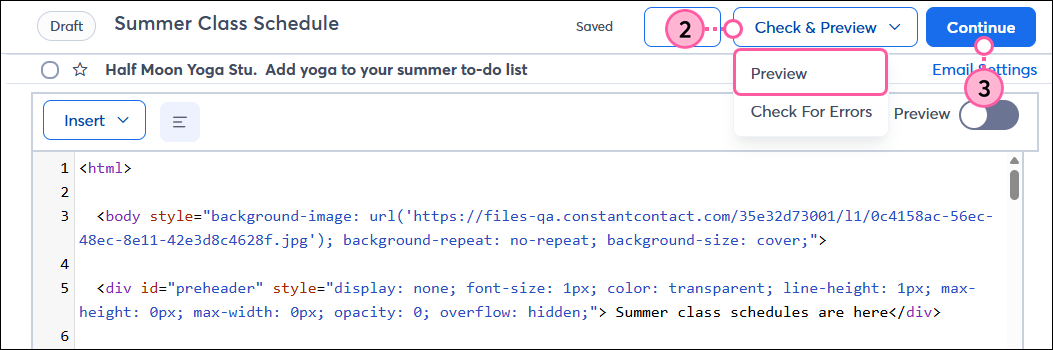 Custom code editor with Check and Preview dropdown and Preview option, and Continue button