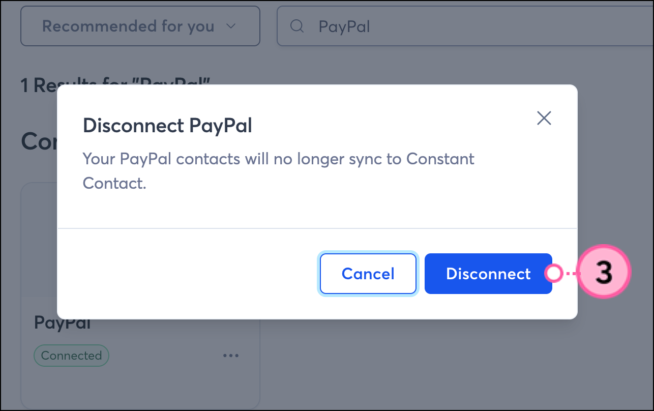 Disconnect button on Disconnect PayPal confirmation pop-up