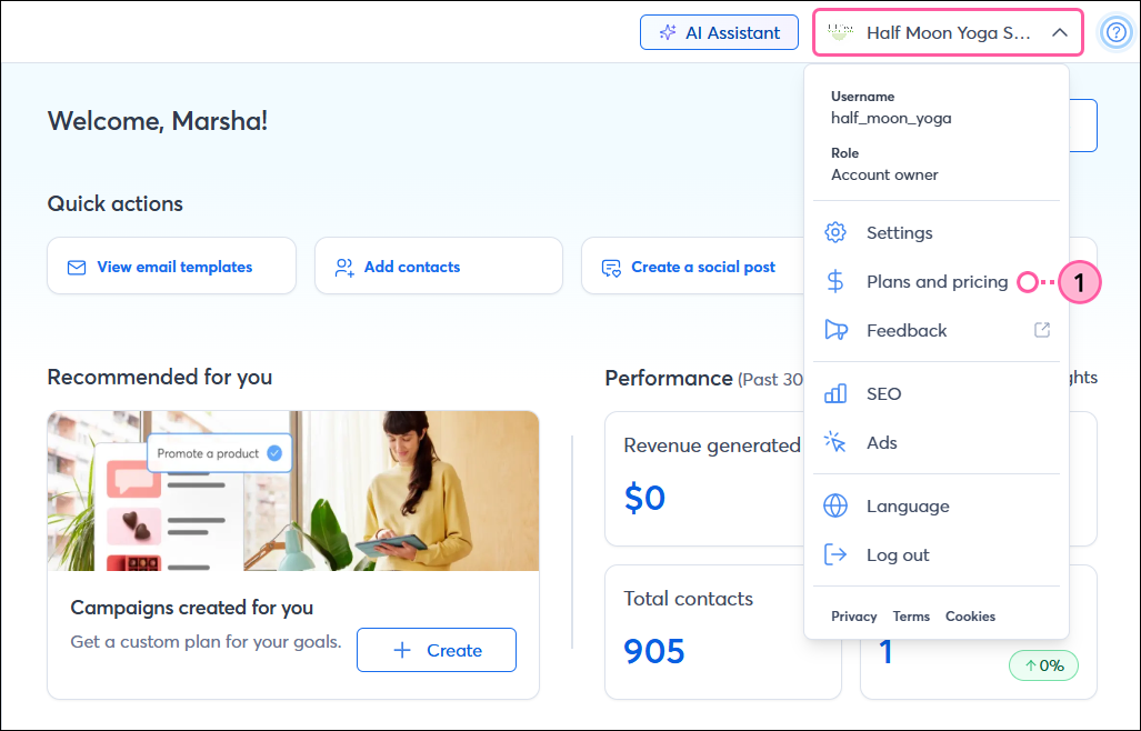 Profile drop-down menu expanded with Plans & Pricing option selected