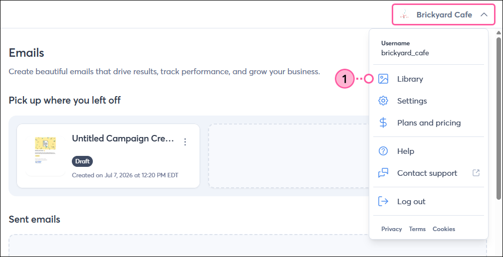 Profile name drop-down and Library option selected