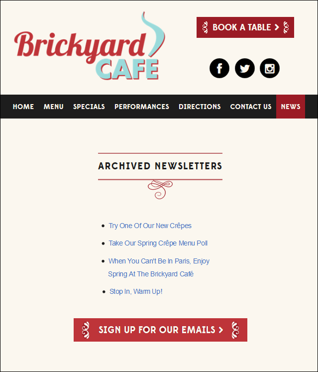 Email archive widget on a website