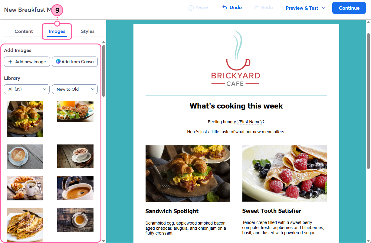 Email editor with Images tab selected