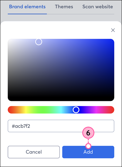 BrandKit Color palette, hex value field, and Add button