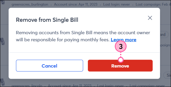 Confirmation Window Remove from Single Bill button