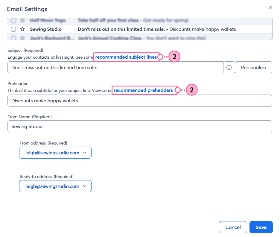 Email settings page with Subject Line and Preheader Recommendations links