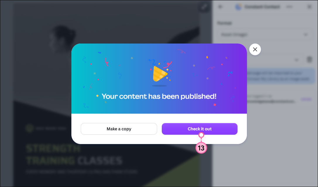 Canva design published confirmation and Check It Out button