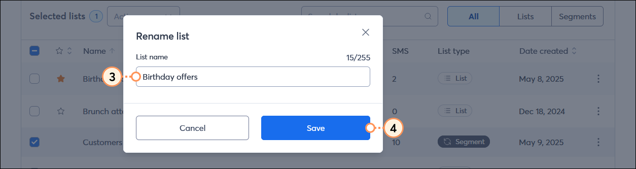 Rename list overlay with List name field and Save button