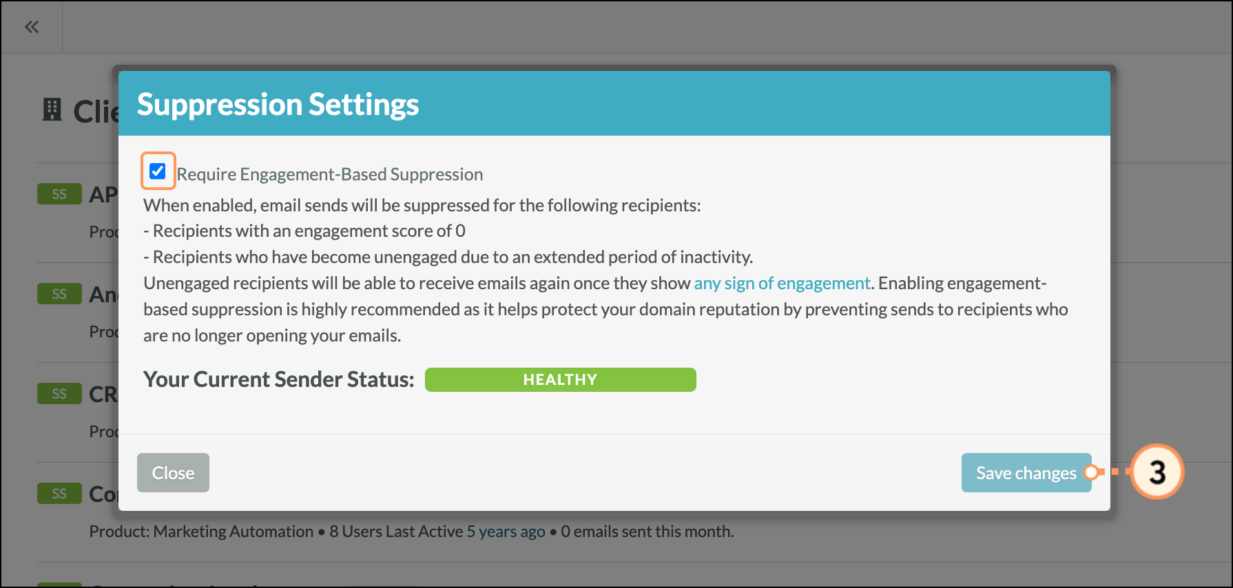 Suppression Settings popup with Require engagement-based suppression checkbox, sender status, and Save Changes button