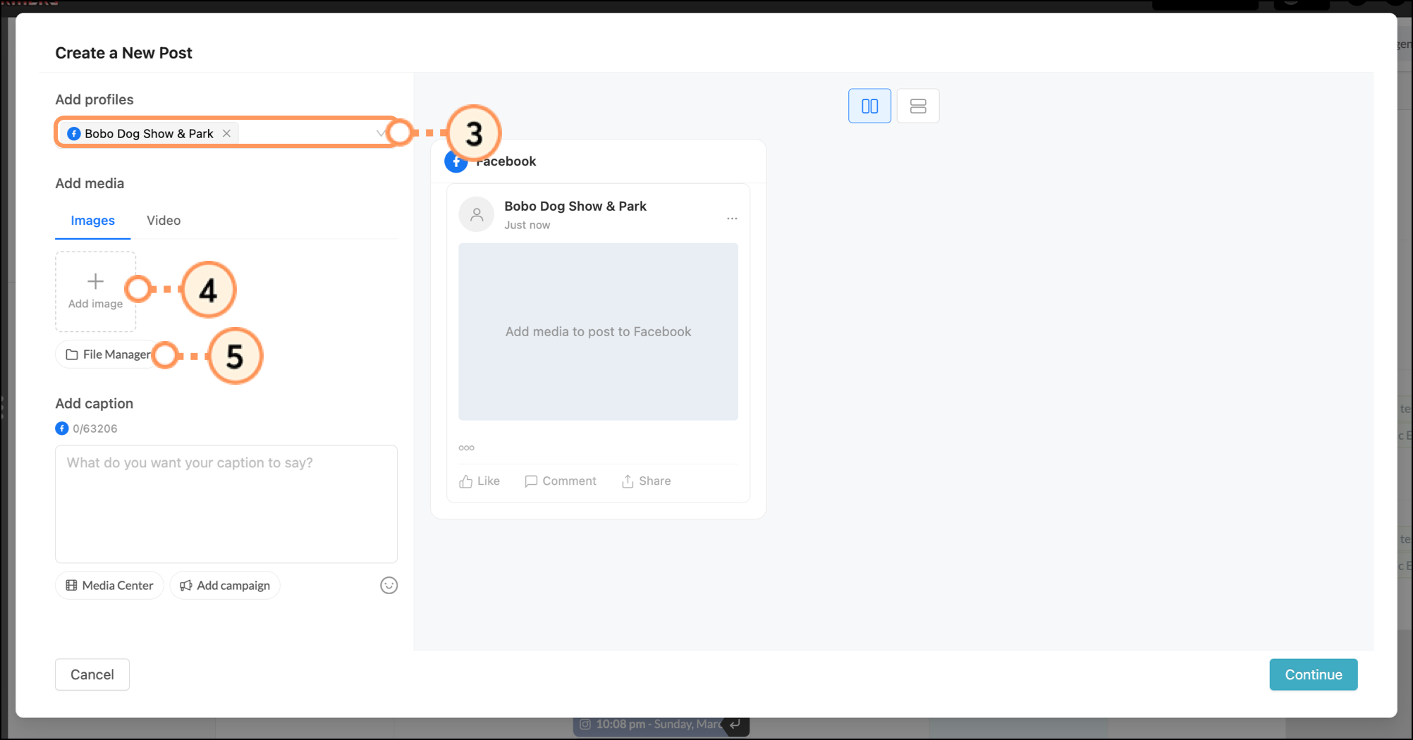Create A New Post popup with a Facebook profile selected