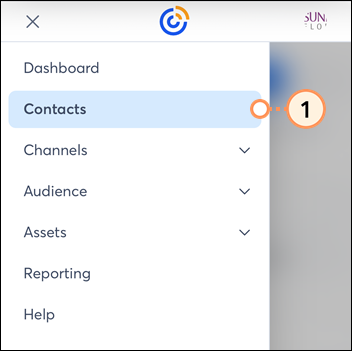 Mobile web menu expanded and Contacts option selected