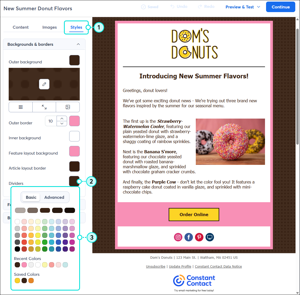 Email editor with Styles tab selected, Backgrounds and Borders section expanded with color swatches visible and Divider color palette expanded