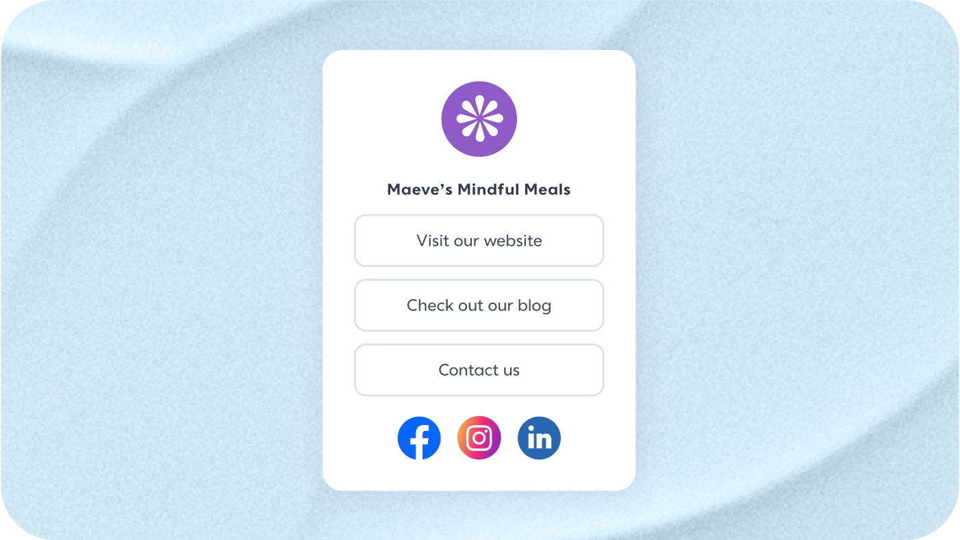 Mauve's Mindful Meals landing page connecting users to the website, social media channels, blog, and contact