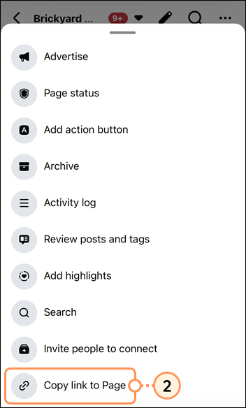 Facebook page menu with Copy link to page option selected