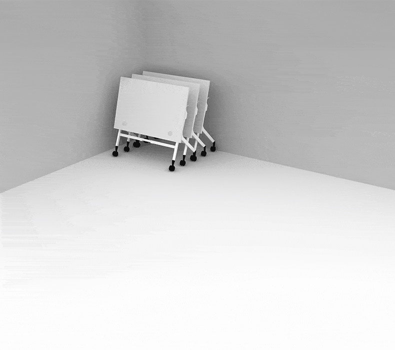 Animation showing Flip Top Tables transforming between storage position and 1-3 connected workstation configurations.