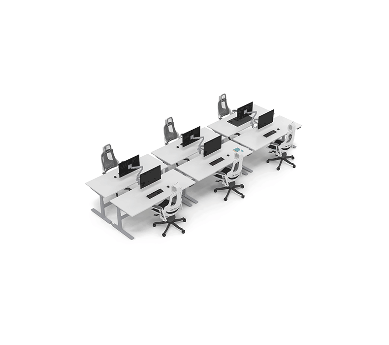 Two rows of desks with desk-mounted acoustic panels are separated and partitioned between OneWall Mobile Acoustic Office Partitions