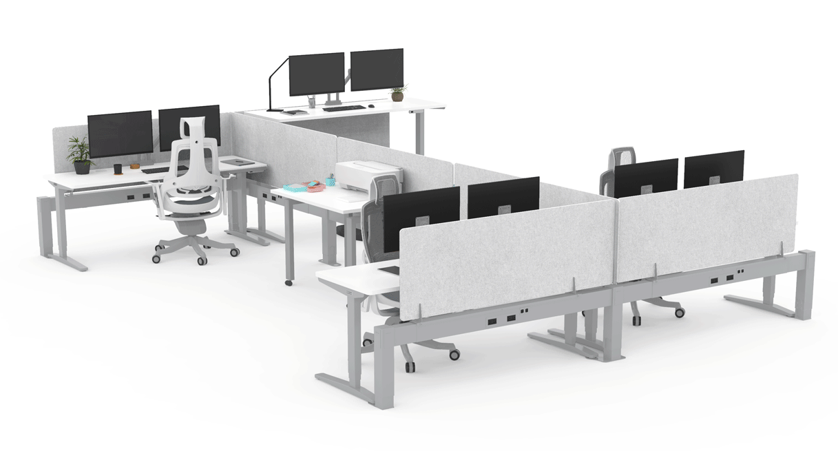 Rotating video of multicolored acoustic panels mounted to an UPLIFT Desk power and data rail