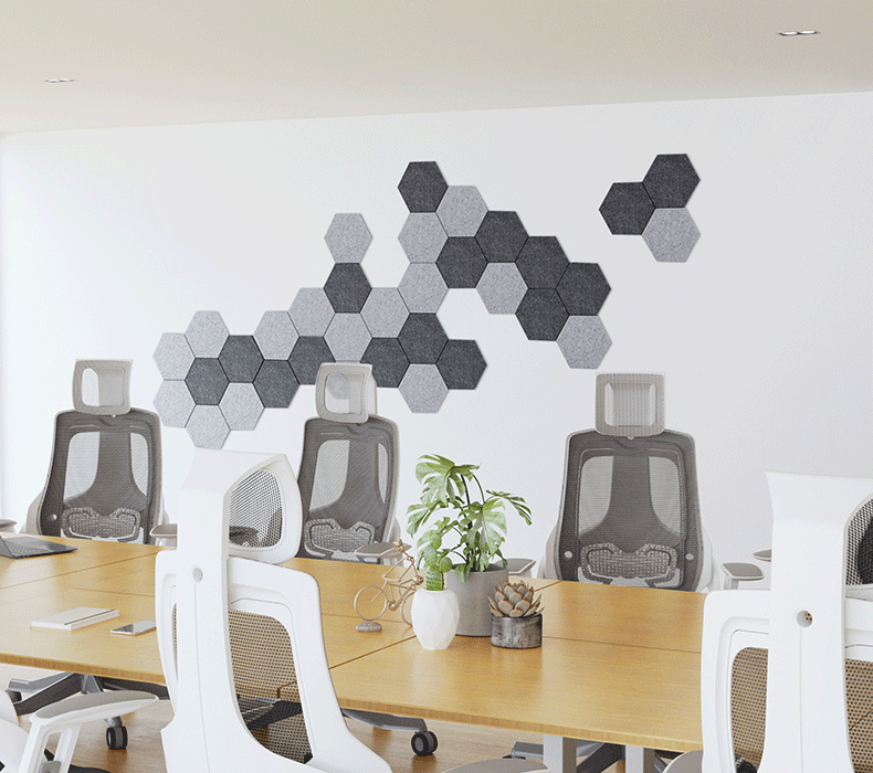 Different Hive Acoustic Panel Patterns appear behind a 108" x 60" Bamboo Height Adjustable Ping Pong Conference Table