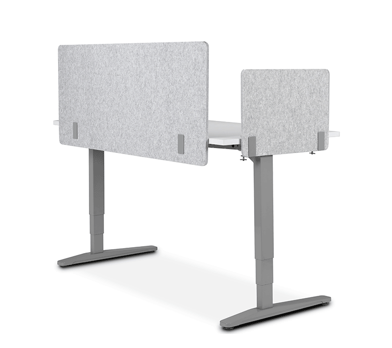 A side profile view of a desk cycling between a gapped or enclosed Acoustic Privacy Screen