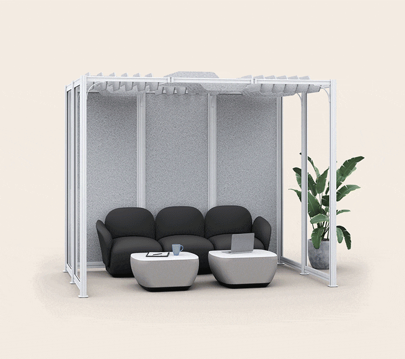 UPLIFT Desk’s Spaces Wall System showcasing three configurations: Cove (lounge), Room (meeting space), and Focus Space (workstations).