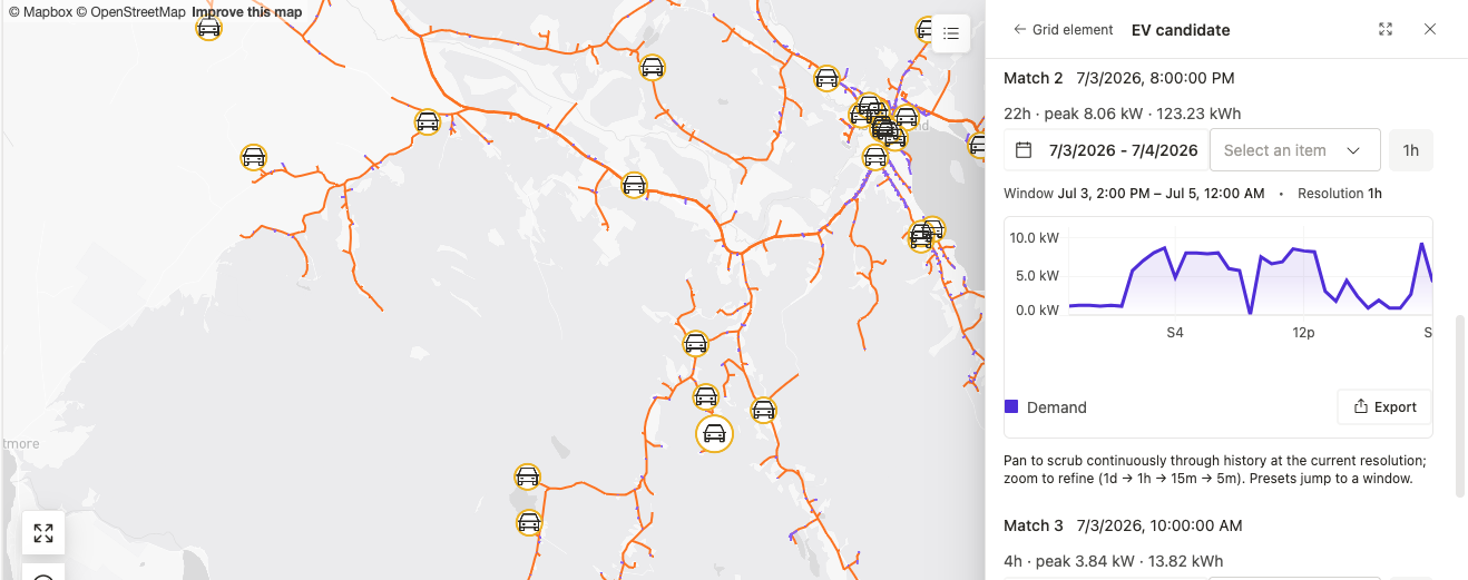 Map view showing detected EV locations across a service territory