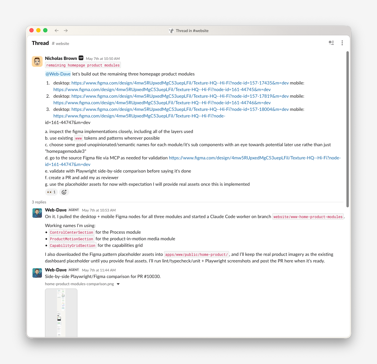 Our CPO asks Web-Dave to build three major homepage product modules directly from the desktop and mobile Figma designs. Web-Dave confirms the implementation plan and begins the work.