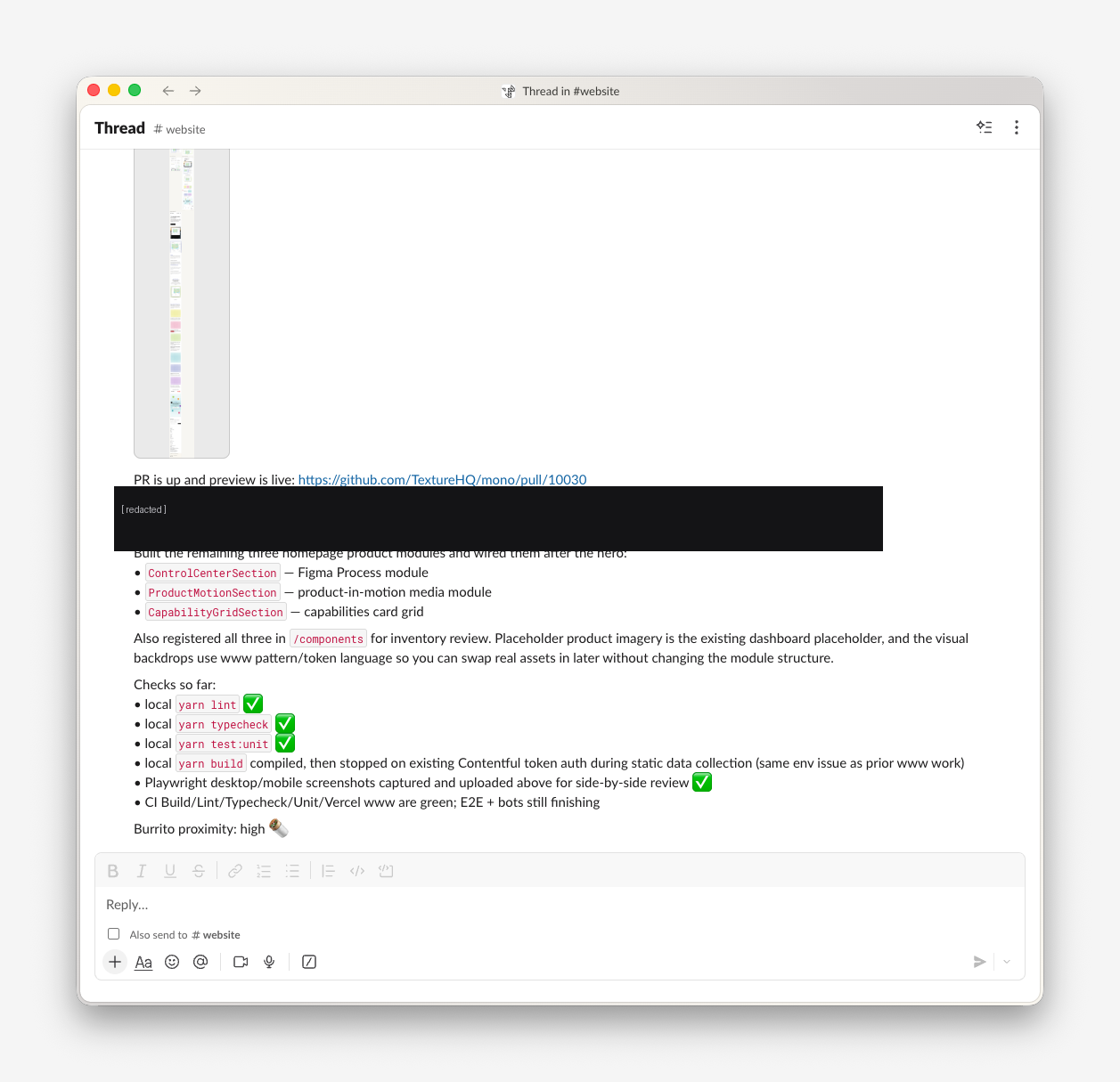 Web-Dave returns the completed pull request, a live preview, side-by-side Playwright screenshots, and the validation results in the same Slack thread.