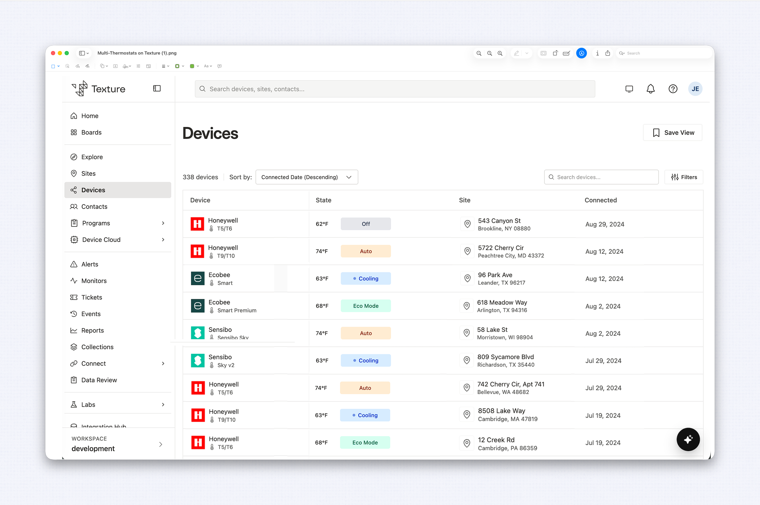 A Texture Devices view listing hundreds of thermostats from Honeywell, ecobee, and Sensibo side by side, each with its current temperature, state, and site.