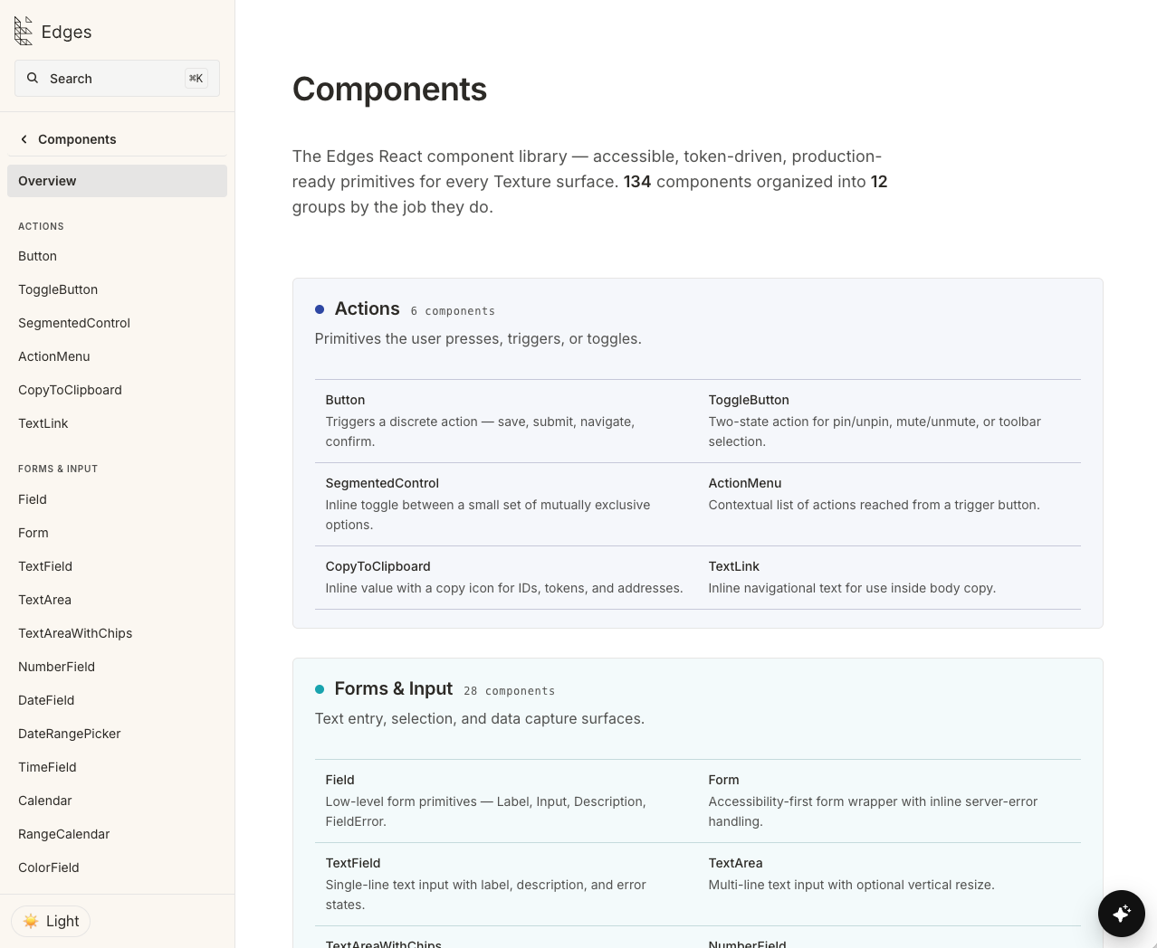 Texture's Edges design system organizes 134 production-ready React components into reusable groups.