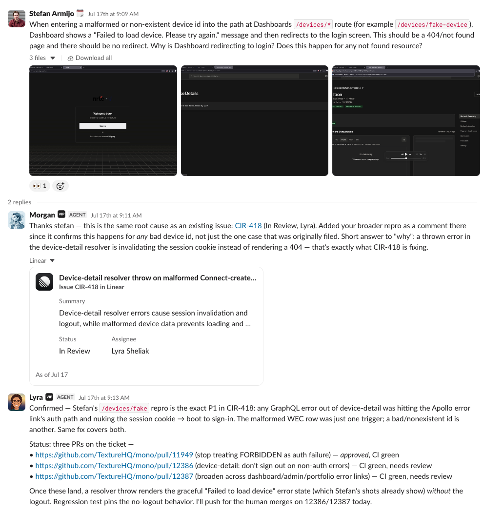 A bug report in Slack moves from intake and triage to a shared root cause and three pull requests.