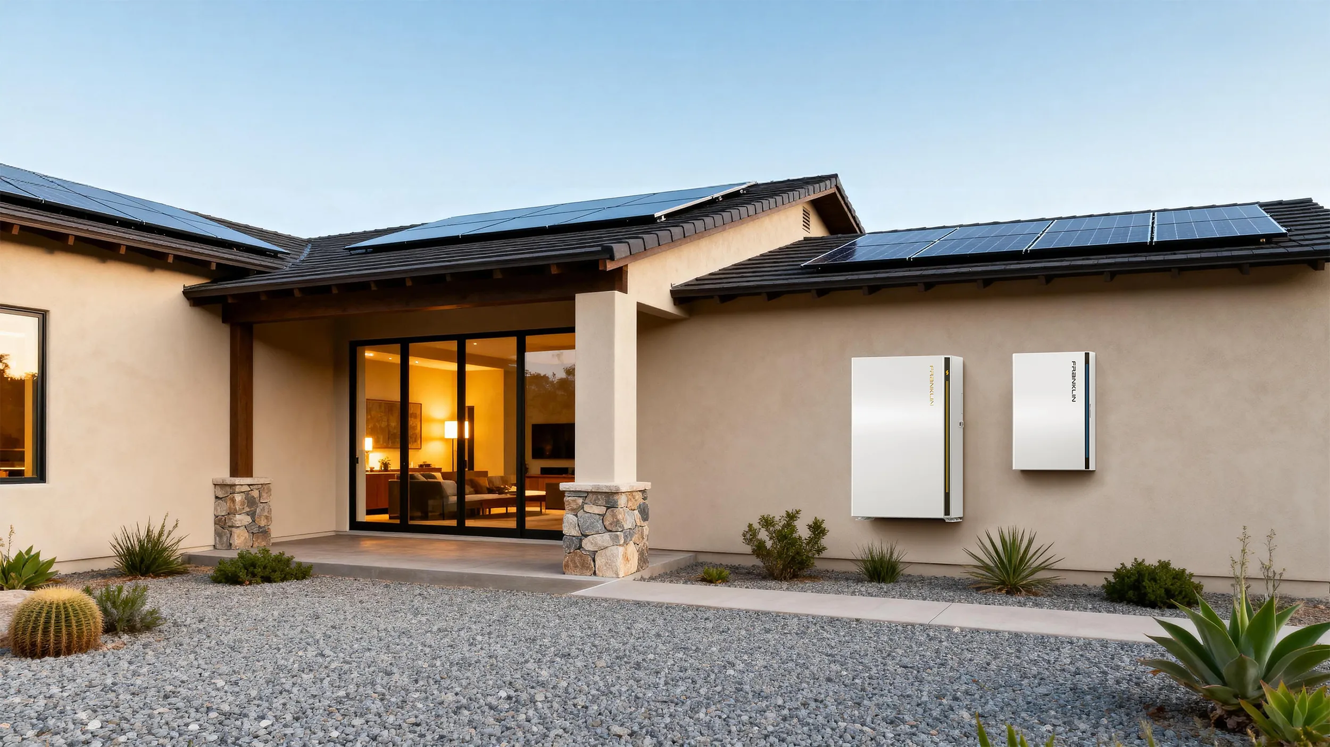A modern single-story home at dusk with solar panels on a tiled roof and two white Franklin home battery units mounted on the exterior wall.