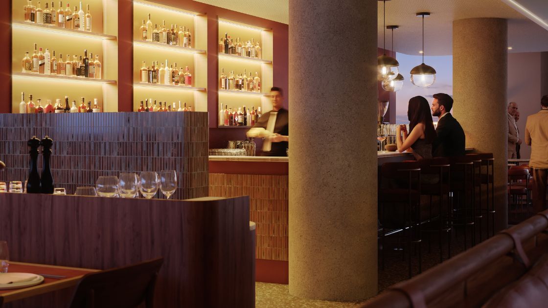 Render of the inside of the roof top bar at Crowne Plaza Geelong. People are seated around on sofa chairs and bar stools talking and drinking. 