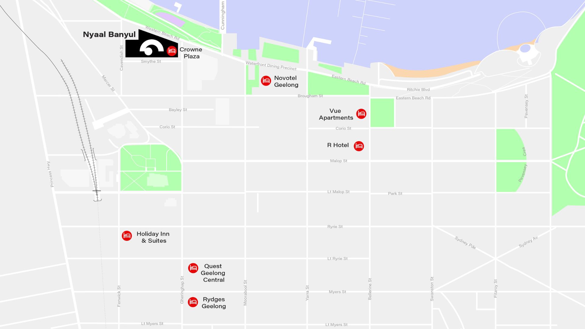 Map of accommodation across in Geelong