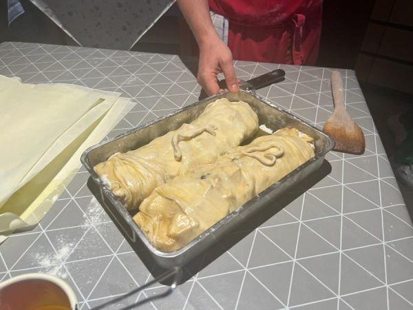 Our strudel (with the snake on it) ready for the oven.